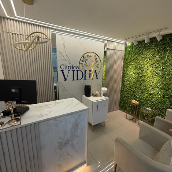 Recepção acolhedora e moderna do consultório médico